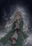  1girl absurdres belt blonde_hair boots brown_belt brown_boots clenched_teeth crying crying_with_eyes_open dress green_eyes green_robe grimace hair_ornament highres holding holding_hair_ornament hongcai_rainbow hood hood_down ishura kia_the_world_word long_hair long_sleeves open_mouth rain robe solo sparkle spoilers storm tears teeth thunder white_dress 