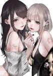  2girls aegyo_sal barbell_piercing bare_shoulders black_bra black_camisole black_eyes black_jacket black_nails bra breasts brown_hair camisole candy cleavage closed_mouth commentary_request crescent_tattoo cropped_sweater ear_chain ear_piercing earrings eyelashes eyeliner flower_ring food from_side glitter_makeup grey_background grey_hair grey_sweater heads_together highres holding holding_candy holding_food holding_lollipop jacket jacket_partially_removed jewelry letterman_jacket linked_piercing lipstick lollipop long_hair long_sleeves looking_at_viewer makeup mano_aaa medium_breasts mole mole_on_breast multiple_girls nail_polish off-shoulder_sweater off_shoulder original parted_lips piercing red_lips short_hair shoulder_tattoo simple_background single_sidelock stud_earrings sun_symbol sun_tattoo sweater swept_bangs tattoo torn_clothes torn_sweater underwear upper_body whale_tattoo yuri zipper 