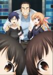  2girls 3boys aged_down arimura_hinae belt black_belt black_hair black_pants black_serafuku blue_eyes blue_hair blue_shirt blunt_bangs bow brother_and_sister brown_eyes buttons chaos;child child clenched_teeth collarbone collared_shirt doctor glasses grin hair_bow heads_together highres lab_coat lapels long_hair long_sleeves mature_male miyashiro_takuru mouth_out_of_frame multiple_boys multiple_girls nervous notched_lapels official_art open_collar open_mouth pants pink_hair purple_eyes round_eyewear sakuma_wataru school_uniform serafuku shiny_eyes shirt short_hair siblings smile tachibana_yui tachibana_yuuto teeth tongue v 