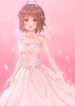  1girl :d absurdres alternate_costume antenna_hair bare_arms bare_shoulders blush breasts bridal_veil bride brown_eyes brown_hair choker clannad clanney cleavage collarbone commentary dress eyelashes falling_petals feet_out_of_frame furukawa_nagisa hair_between_eyes happy highres long_dress looking_at_viewer medium_breasts medium_hair open_mouth outstretched_hand petals pink_background simple_background smile solo standing strapless strapless_dress teeth upper_teeth_only veil wedding_dress white_choker white_dress white_veil 