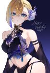  1girl 2025 arm_strap blonde_hair bug butterfly butterfly_ornament character_request copyright_request eyeshadow flower hair_flower hair_ornament happy_birthday highres makeup multicolored_hair navel nogi_(nokisaki) purple_butterfly purple_eyeshadow solo streaked_hair 