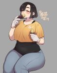  1girl agawa_ryou animal_print artist_name asymmetrical_bangs belly black_shirt blue_pants blush breasts closed_eyes collarbone commentary crumbs dated eating english_commentary food food_on_face gloves grey_background invisible_chair large_breasts orange_shirt original pants plump rabbit_print roasted_sweet_potato shirt short_hair short_sleeves simple_background sitting solo sweet_potato thick_thighs thighs white_gloves 