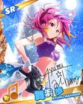  artist_request beamed_eighth_notes belt bustier card_(medium) character_name character_signature earrings fingerless_gloves gloves hand_on_hip idolmaster idolmaster_million_live! jewelry maihama_ayumu midriff multicolored_hair musical_note navel official_art pink_eyes pink_hair shorts solo 
