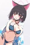  1girl animal_ears ass_visible_through_thighs bikini black_choker black_hair blue_archive blue_bikini blush breasts cat_ears cat_girl choker clenched_hands colored_inner_animal_ears colored_inner_hair commentary cosplay cowboy_shot criss-cross_halter dutch_angle ear_piercing earrings extra_ears fang flower flower_bikini furrowed_brow grey_background hair_behind_ear hair_ornament hairclip halo halterneck hands_up highres jewelry kame_(nokonoko10271) kazusa_(blue_archive) kikyou_(blue_archive) kikyou_(blue_archive)_(cosplay) kikyou_(swimsuit)_(blue_archive) large_breasts lens_flare looking_at_viewer multi-strapped_bikini_bottom multi-strapped_bikini_top multicolored_hair multiple_views navel open_mouth piercing pink_hair pink_halo red_eyes side-tie_bikini_bottom simple_background skin_fang stomach straight_hair stud_earrings swimsuit two-tone_hair white_background white_flower 
