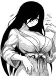  1girl breasts commentary english_commentary english_text eyelashes ghost_girl graphicthereal greyscale hair_over_one_eye highres large_breasts long_hair looking_at_viewer messy_hair monochrome original sash signature smile solo standing 