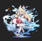  1girl animal_ear_fluff animal_ears bare_arms black_background blonde_hair blue_eyes blue_hair blue_sailor_collar cat_ears commentary dress fins fish fish_girl fish_tail flat_chest food food_in_mouth highres indie_virtual_youtuber innertube lifebuoy lifebuoy_hair_ornament long_hair looking_at_viewer low_twintails mouth_hold multicolored_hair popsicle popsicle_in_mouth sailor_collar sameko_saba sia_6767 solo streaked_hair swim_ring tail twintails very_long_hair white_dress 
