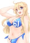  1girl ahoge bikini blonde_hair blue_bikini blue_eyes breasts cleavage commentary_request cowboy_shot hair_between_eyes iowa_(kancolle) kantai_collection koshigaya_tatsumi large_breasts long_hair looking_at_viewer multicolored_bikini navel open_mouth side-tie_bikini_bottom simple_background smile solo star-shaped_pupils star_(symbol) swimsuit symbol-shaped_pupils teeth upper_teeth_only white_background 