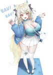  1girl :3 alternate_breast_size animal_ear_fluff animal_ears blonde_hair blue_camisole blue_hair blue_jacket blue_nails breasts camisole choker claw_pose cleavage curly_hair dog_ears dog_girl dog_tail english_text fangs frilled_choker frilled_straps frills fuwawa_abyssgard fuwawa_abyssgard_(casual) hair_ornament hands_up high_heels highres hololive hololive_english huge_breasts jacket karia large_breasts long_hair looking_at_viewer miniskirt multicolored_hair nail_polish neck_ribbon official_alternate_costume open_mouth paw_print pink_eyes pleated_skirt ribbon shirt simple_background skin_fangs skirt smile solo streaked_hair tail thighhighs thighs virtual_youtuber white_skirt white_thighhighs zettai_ryouiki 