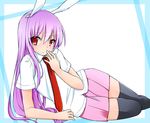  animal_ears arm_support black_legwear bunny_ears dress_shirt hand_on_own_face long_hair looking_at_viewer lying necktie on_floor on_side pleated_skirt purple_hair red_eyes red_neckwear reisen_udongein_inaba shirt short_sleeves skirt smile solo thighhighs touhou white_shirt yukina_(masyumaro610) 