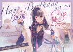  1girl ahoge artist_name barbell_piercing birthday black_hair black_shirt blunt_bangs border braid breasts center_frills chest_tattoo cleavage closed_mouth clothes_hanger collar collared_shirt commentary_request corset cross-laced_clothes cross-laced_corset ear_piercing earrings eyelashes fingernails frills hair_behind_ear hair_intakes hand_up happy_birthday hashtag highres holding holding_clothes_hanger industrial_piercing jacket jewelry kaburagi_(pnoir087) large_breasts long_fingernails long_hair long_sleeves looking_at_viewer mannequin meloco_kyoran meloco_kyoran_(1st_costume) melove_(meloco_kyoran) multicolored_hair multicolored_nails nail_polish necktie nijisanji nijisanji_en open_clothes open_jacket outside_border piercing pink_nails purple_border purple_collar purple_corset purple_eyes purple_hair purple_jacket purple_nails purple_necktie shirt side_braids sleeves_past_wrists smile solo sparkle streaked_hair tattoo twin_braids twitter_username unworn_shirt very_long_hair virtual_youtuber watermark white_shirt 