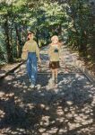  2girls bag blue_pants brown_eyes brown_shorts closed_eyes collared_shirt commentary dappled_sunlight day denim facing_viewer full_body highres jeans long_hair long_sleeves looking_at_another marker_(medium) medium_hair multiple_girls original outdoors pants parted_bangs road shiratama_(hockey) shirt shoes short_sleeves shorts sneakers striped_clothes striped_shirt striped_shorts sunlight t-shirt tote_bag traditional_media tree walking white_shirt white_shoes 