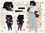 absurd_res anthro beverage black_body black_fur black_hair bottomwear brown_body brown_fur canid canine canis chart chibi clothing container cup dinnymotriz_(artist) domestic_dog dreadlocks footwear fur gesture hair hand_gesture height_chart hi_res hoodie male mammal mari_(maril33) model_sheet pants piercing shoes solo star tongue tongue_out topwear v_sign white_body white_fur