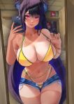  1girl absurdres asymmetrical_horns bikini black_hair blue_hair bracelet brazilian_miku brazilian_miku_(cosplay) breasts cleavage closed_mouth colored_inner_hair commentary cosplay denim denim_shorts elizabeth_rose_bloodflame english_commentary green_nails hands_up hatsune_miku highleg highleg_bikini highres holding holding_phone hololive hololive_english horns jewelry large_breasts lazik_1337 long_hair looking_at_viewer mirror_selfie mole mole_under_eye multicolored_hair nail_polish navel nerissa_ravencroft open_fly phone purple_eyes selfie shorts sidelocks slit_pupils smile solo swimsuit tan tanlines uneven_horns very_long_hair virtual_youtuber vocaloid yellow_bikini yellow_nails 