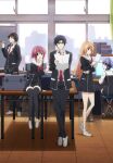  2boys 3girls anime_coloring arm_support black_dress black_hair black_jacket black_pants black_thighhighs blue_hair bow bowtie brown_hair chaos;child commentary_request dress full_body glasses hand_in_pocket headphones hekiho_academy hekiho_academy_school_uniform highres holding holding_pen indoors itou_shinji_(chaos;child) jacket kazuki_hana kurusu_nono long_hair looking_at_viewer looking_back miyashiro_takuru multiple_boys multiple_girls necktie official_art onoe_serika pants parted_lips pen pink_hair red_bow red_bowtie red_necktie school school_uniform shirt short_dress short_hair sidelocks sideways_glance sitting sitting_on_table standing thighhighs tile_floor tiles very_long_hair white_shirt zettai_ryouiki 