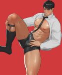  1boy abs bara bare_pectorals black_hair black_male_underwear black_necktie blush bulge closed_mouth clothes_lift collared_shirt commentary english_commentary erection erection_under_clothes foot_out_of_frame highres leg_up legwear_garter long_sleeves looking_at_viewer male_focus male_underwear naoki_(xhju8282) navel necktie nipples original pectorals penis red_background shiny_skin shirt shirt_lift short_hair solo testicles underwear white_shirt wing_collar 