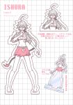  1girl acrylic_stand_(object) ahoge barefoot braid braided_ponytail breast_pocket breasts chickenz_girl copyright_name crop_top hair_between_eyes hand_on_own_chest highres hip_bones ishura large_breasts merchandise midriff monochrome multiple_views navel necktie open_mouth outline patterned_background pocket ponytail red_eyes shirt simple_background skirt smile solo spot_color tied_shirt torn_clothes tu_the_magic twitter_username white_background 