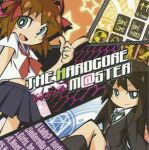  2girls album_cover amami_haruka artist_request black_hair black_jacket black_socks blazer blue_skirt brand_name_imitation brown_hair copyright_name cover green_eyes hair_ribbon idolmaster idolmaster_(classic) idolmaster_cinderella_girls in-franchise_crossover jacket knee_up l_hand long_hair lowres medium_hair midriff_peek multiple_girls neckerchief necktie panty_&amp;_stocking_with_garterbelt_(style) parody pleated_skirt red_neckerchief ribbon school_uniform serafuku shibuya_rin skirt socks style_parody 