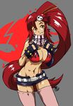  absurdres bad_deviantart_id bad_id belt bikini_top breasts cleavage fingerless_gloves flame_print gloves hair_ornament hair_stick highres large_breasts long_hair midriff mismatched_gloves navel pink_legwear ponytail red_hair rock-leone scarf short_shorts shorts skull_hair_ornament solo tengen_toppa_gurren_lagann thighhighs very_long_hair yellow_eyes yoko_littner 