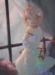  1girl alternate_costume atelier_(series) atelier_rorona blue_eyes closed_mouth collarbone commentary dress highres looking_ahead neema_(oneemasan) no_headwear pink_hair rorolina_frixell solo standing strapless strapless_dress window 