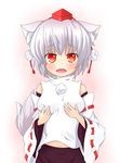  animal_ears bare_shoulders blush breast_hold breasts chinoru fang hat highres inubashiri_momiji large_breasts looking_at_viewer midriff navel pom_pom_(clothes) red_eyes short_hair silver_hair simple_background solo tail tears tokin_hat touhou white_background wolf_ears wolf_tail 