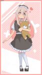  1girl alternate_costume artist_name bambi2000line bare_arms black_shoes blush border brown_eyes closed_mouth commentary dot_mouth frilled_skirt frills full_body hair_between_eyes hair_ornament hairclip heart highres holding_teddy_bear kneehighs long_hair looking_at_viewer mary_janes onii-chan_wa_oshimai! oyama_mahiro pink_hair polka_dot polka_dot_background puffy_short_sleeves puffy_sleeves red_border shoes short_sleeves sidelocks simple_background skirt smile socks solo standing very_long_hair white_socks 