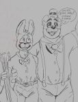 absurd_res bear blush blush_lines bow_tie chalaren clothing duo erection erection_under_clothing five_nights_at_freddy&#039;s flirting fredbear_(fnaf) guitar hat headgear headwear heart_symbol hi_res hug lagomorph leporid male mammal musical_instrument plucked_string_instrument rabbit scottgames spring_bonnie_(fnaf) string_instrument