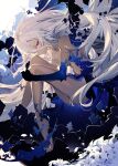  1girl ahoge breasts broken_glass closed_mouth collarbone commentary completely_nude dark-skinned_female dark_skin eve_sophi_nebulis fetal_position floating_hair flower from_side glass hugging_own_legs kimi_to_boku_no_saigo_no_senjou_arui_wa_sekai_ga_hajimaru_seisen long_hair looking_at_viewer nekonabe_ao novel_illustration nude official_art red_eyes small_breasts solo very_long_hair white_flower white_hair 