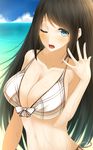  bikini black_hair blush breasts cleavage d; front-tie_bikini front-tie_top highres karube large_breasts long_hair looking_at_viewer mole mole_under_eye navel one_eye_closed open_mouth original side-tie_bikini solo swimsuit wet 