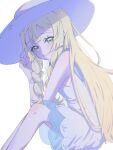  1girl bare_shoulders blonde_hair blunt_bangs braid dress green_eyes hat highres lillie_(pokemon) long_hair looking_at_viewer pokemon pokemon_sm seiun_(hoshigumo_72) simple_background sleeveless sleeveless_dress solo sun_hat twin_braids white_background white_dress white_hat 