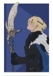  1boy areadbhar_(fire_emblem) armor black_armor black_fur black_gloves blonde_hair blue_cape blue_eyes border breastplate cape closed_mouth cropped_legs dimitri_alexandre_blaiddyd dimitri_alexandre_blaiddyd_(timeskip) eyepatch faulds fire_emblem fire_emblem:_three_houses from_side frown fxyrinart gloves head_back highres holding holding_polearm holding_weapon male_focus polearm ponytail profile short_ponytail solo weapon white_border white_fur 