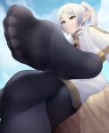  1girl :3 absurdres artist_name black_pantyhose blue_sky capelet closed_mouth cloud cloudy_sky crossed_legs earrings eyelashes feet foot_focus foot_out_of_frame foreshortening frieren gold_trim green_eyes highres jewelry kentaryu looking_at_viewer no_shoes outdoors pantyhose parted_lips pointy_ears shadow short_eyebrows sidelocks sitting sky smug soles solo sousou_no_frieren thick_eyebrows toe_seam toes white_background white_capelet 