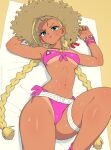  1girl 333_(dqqqdle) anklet beach beach_towel bead_bracelet beads belt bikini blonde_hair blue_eyes bracelet braid breasts cammy_white front-tie_top gold_necklace hat jewelry long_hair looking_at_viewer lying navel necklace official_alternate_costume on_back pink_bikini scar scar_on_face side-tie_bikini_bottom solo straw_hat street_fighter street_fighter_6 sweat swimsuit tan tanlines thigh_strap towel twin_braids underboob white_belt 