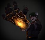  1boy armband black_background black_bodysuit blood blood_on_clothes blood_on_face blood_on_hands blood_on_weapon bodysuit e.g.o_(project_moon) employee_(project_moon) frilled_gauntlets frilled_gloves frills gauntlets gem glasses gloves glowing_gem gold_rush_(e.g.o) green_hair grey_armband highres horns lobotomy_corporation looking_at_viewer nugget_(project_moon) open_mouth parted_bangs project_moon sheep_horns simple_background smile solo weapon yatsumeunagi yellow_gemstone 