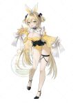  1girl :d animal_ears black_bow black_corset black_shoes blonde_hair blush bow breasts character_request cleavage comiket_106 corset detached_sleeves double-parted_bangs frilled_corset frills full_body green_eyes hair_between_eyes hair_bow hair_intakes high_heels highleg highleg_leotard highres leotard long_hair looking_at_viewer myaco9 puffy_sleeves shoes sleeves_past_wrists smile solo standing standing_on_one_leg thigh_strap watermark white_bow yellow_leotard 