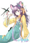  1girl :o absurdres animal animal_ears aqua_skirt arknights arm_up bird chinese_commentary commentary english_commentary feet_out_of_frame hair_intakes hair_ornament hair_ribbon hairclip highres long_hair long_sleeves looking_at_animal lutonada_(arknights) lutonada_(sending_thoughts)_(arknights) mixed-language_commentary mouse_(animal) mouse_ears mouse_girl official_alternate_costume parted_lips purple_eyes purple_hair quietmrcat red_ribbon ribbon shirt simple_background sketch skirt solo white_background yellow_collar yellow_ribbon yellow_shirt 