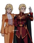  1girl artist_name black_cape blonde_hair blouse blue_eyes breasts cape char&#039;s_counterattack char_aznable closed_mouth commentary_request cowboy_shot earrings genderswap genderswap_(mtf) gloves gundam hand_up highres jacket jewelry lipstick long_hair long_sleeves makeup medium_breasts military_uniform multiple_views orange_jacket orange_pants pant_suit pants red_jacket red_lips red_pants sheath sheathed shirt simple_background suit sword twitter_username weapon white_background white_gloves white_shirt yy0880yy 