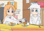  2girls absurdres blonde_hair blue_eyes blunt_bangs blush book bookshelf cake chinese_commentary closed_mouth coat commentary_request crossover cup food grey_eyes hat helmet heterochromia highres indoors lab_coat long_hair looking_at_viewer milk milk_carton mug multiple_girls mushroomsucy nichijou pith_helmet plate professor_shinonome scissors shimeji_simulation shirt smile swiss_roll table tearing_up the_gardener_(shimeji_simulation) upper_body wavy_mouth white_coat white_hair white_hat white_shirt 