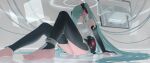  1girl absurdres anklet aqua_eyes aqua_hair black_sleeves commentary_request depressed detached_sleeves hair_between_eyes hatsune_miku highres indoors jewelry long_hair mixed-language_commentary number_tattoo shirt sitting sleeveless sleeveless_shirt solo tadanotarosuke tagme tattoo twintails vocaloid 