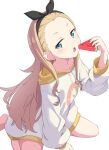  1girl :o black_bow black_hairband blonde_hair blue_eyes blush bow collarbone commentary_request eyelashes food foot_out_of_frame forehead fruit hair_bow hairband hand_up highres holding holding_food hood hoodie kurumi_(lycoris_recoil) long_hair looking_at_viewer lycoris_recoil open_mouth oversized_clothes parted_bangs poteto_furai sidelocks simple_background sitting solo very_long_hair wariza watermelon watermelon_slice white_background white_hoodie 