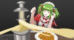  1girl beatmania_iidx bemani blunt_bangs carrot_hair_ornament cheese closed_eyes commentary_request fondue food food-themed_hair_ornament green_hair grey_background hair_ornament highres hishimiya_tsugaru holding holding_spoon maid maid_headdress medium_hair meme open_mouth prop_is_god puffy_short_sleeves puffy_sleeves rabbit_hair_ornament red_shirt shirt short_sleeves smile solo spoon striped_clothes striped_shirt tasty_hoon_cheese_fondue_(meme) two_side_up upper_body 