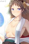  bare_shoulders blue_eyes blush breasts brown_hair close-up collarbone hairband hiei_(kantai_collection) kanden_suki kantai_collection looking_at_viewer medium_breasts short_hair solo sweat 