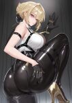  1girl ass black_pants blonde_hair chest_harness evelyn_chevalier gloves hair_up half_gloves harness high-waist_pants legs necktie pants purple_eyes richard4648 ring_hair_ornament single_half_glove solo tight_clothes tight_pants yellow_necktie zenless_zone_zero 