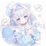  1girl 1other :3 animal animal_ears blue_eyes blush cherry_blossoms chibikemo chiikawa commentary commentary_request cucu_seeu faux_traditional_media flying_squirrel furry furry_and_humanization genderswap genderswap_(otf) grey_hair hair_ornament hairclip holding holding_mini_person humanization lolita_fashion looking_at_viewer mini_person momonga_(chiikawa) original pout squirrel too_many_watermarks translation_request watermark wavy_hair white_background white_hair 