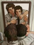  2boys adjusting_sleeves bags_under_eyes behind_another black_eyes black_necktie brown_hair c-fish collared_shirt comb curtained_hair fingernails from_behind front-to-back furrowed_brow hair_spray highres jonathan_byers light_frown long_sleeves looking_at_mirror looking_at_reflection male_focus mirror mole mole_on_cheek mole_on_neck mullet multiple_boys necktie parted_hair partially_unbuttoned popped_collar raised_eyebrow reflection reflection_focus shirt short_hair sideburns sidelighting sleeves_pushed_up steve_harrington stranger_things tying_necktie undone_necktie upper_body watch wavy_hair white_shirt wristwatch 