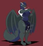 absurd_res anthro balls balls_outline big_balls big_breasts big_bulge big_penis bodily_fluids breasts bulge clothed clothing clothing_lift detailed_bulge dragon genital_fluids genital_outline genitals grey_body gynomorph hi_res horn huge_balls huge_bulge huge_penis intersex membrane_(anatomy) membranous_wings musk musk_clouds mythological_creature mythological_scalie mythology nipples penis penis_outline precum precum_through_clothing precum_through_underwear purple_body raised_clothing raised_shirt raised_topwear red_background scalie shirt shirt_lift simple_background sinisterheaven solo standing thick_thighs thong tongue tongue_out topwear trans_(lore) trans_woman_(lore) underwear undressing wet wet_clothing wings