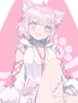  1girl :3 animal_ears antenna_hair arm_cutout blush bow braid breasts choker cleavage collarbone commentary english_commentary extra_ears fang frilled_choker frills green_hoodie hair_bow hakui_koyori hakui_koyori_(summer) highres hololive hood hoodie large_breasts long_sleeves looking_at_viewer medium_hair open_mouth paw_ornament pink_background pink_bow pink_choker pink_eyes pink_hair pom_pom_(clothes) sleeves_past_wrists smile solo tail thigh_strap thighs two-tone_choker two-tone_hoodie virtual_youtuber vstar256 white_background white_choker white_hoodie wolf_ears wolf_girl wolf_tail 