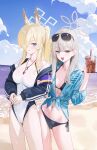  2girls alternate_costume bare_shoulders beach bikini black_bikini black_jacket blonde_hair blue_archive blue_eyes blue_shirt blush breasts clenched_teeth drink eyewear_on_head fieryonion floral_print grey_eyes grey_hair hair_over_one_eye highres holding holding_drink jacket kanna_(blue_archive) kanna_(swimsuit)_(blue_archive) konoka_(blue_archive) long_hair multiple_girls navel ocean official_alternate_costume official_alternate_hairstyle one-piece_swimsuit open_mouth ponytail sharp_teeth shirt sidelocks stomach sunglasses swimsuit teeth tied_shirt white_one-piece_swimsuit 