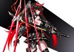  1girl armpit_crease backless_outfit bare_shoulders black_hair cyberpunk cyborg double-parted_bangs expressionless gradient_hair highres holding holding_sword holding_weapon joints katana kinoshita_tsuyuki long_hair looking_at_viewer lucia:_dawn_(pgr) lucia_(pgr) mechabare mechanical_arms mechanical_hands mechanical_legs microskirt multicolored_hair pleated_skirt punishing:_gray_raven red_eyes red_hair robot_joints skirt solo sword thighs tsurime twintails very_long_hair weapon 