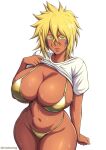  1girl bikini bleach blonde_hair blush breasts cleavage clothes_lift dark-skinned_female dark_skin facial_mark gold_bikini green_eyes hair_between_eyes highres huge_breasts lips messy_hair mistowing shiny_skin shirt shirt_lift swimsuit thick_thighs thighs tier_harribel wet white_shirt wide_hips 