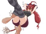  1boy 1girl ahoge animal_ears black_thighhighs clothes_pull crimsonbow_alma dog_ears dog_girl embarrassed emil_chronicle_online low_twintails monono_hazumi open_mouth panties pants pants_pull pink_panties pulling_another&#039;s_clothes red_hair striped_clothes striped_thighhighs tail tearing_up thighhighs twintails underwear yellow_eyes 